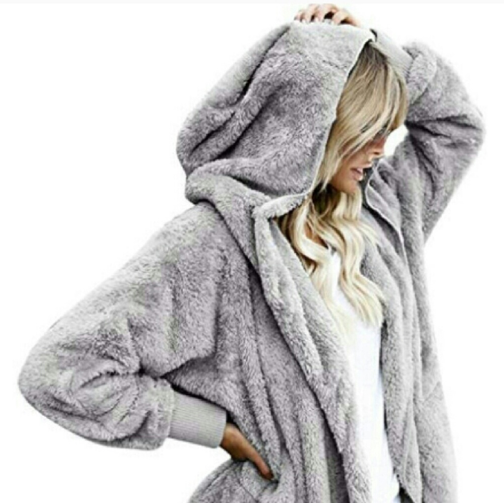 Last 1!  SOFT FUZZY fleece cardigan hoodie Gray - Picture 4 of 8